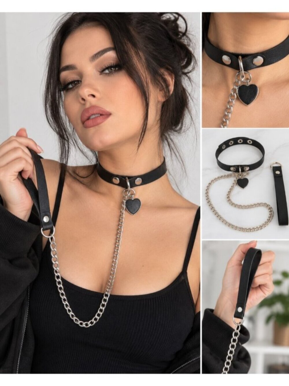 Black Heart Choker Collar Silver Chain Leash Faux Leather Goth Punk Y2K Alt